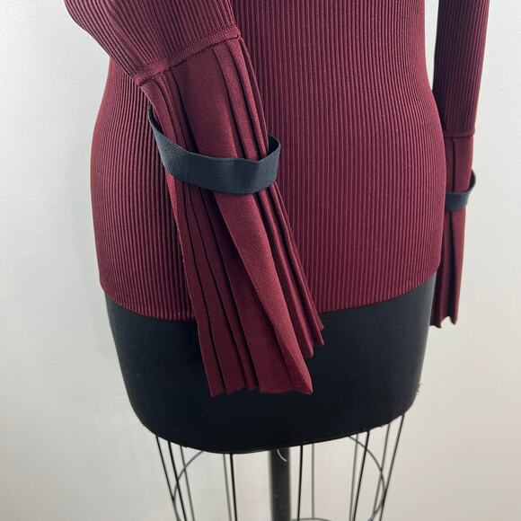 3.1 Phillip Lim Burgundy Ribbed Top Long Sleeves Pleated Cuffs Crewneck Size S - Picture 4 of 8